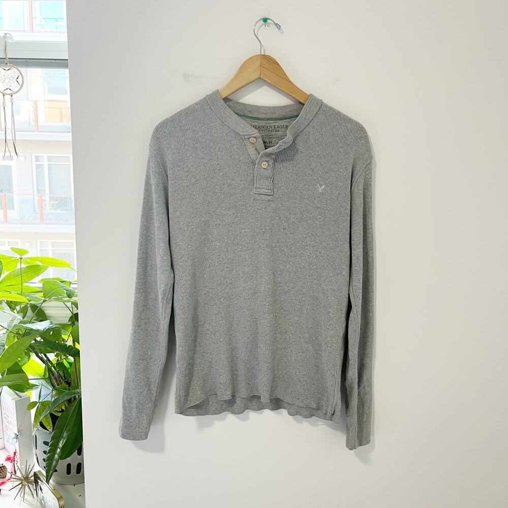 American Eagle Men's Gray Ribbed Long Sleeve Top Size Medium